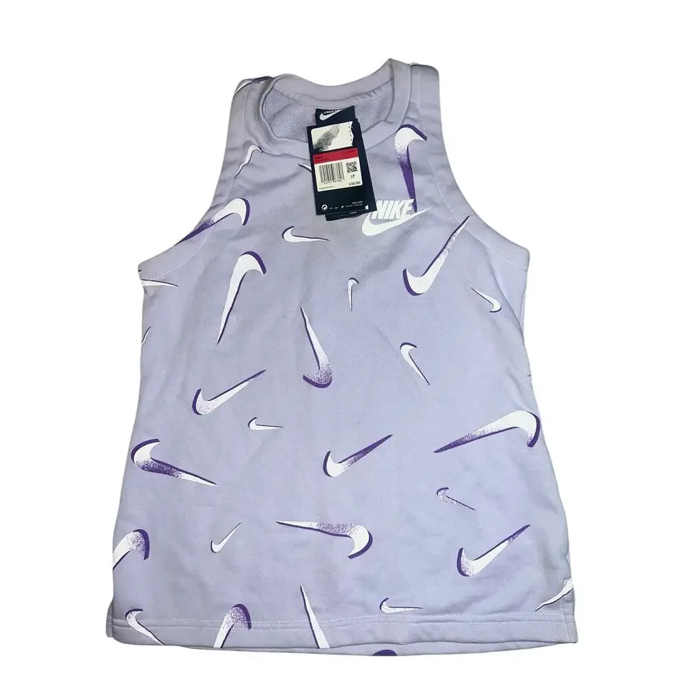 Nike Girl's Purple French Terry White All Over Swoosh Tank Top size Large NEW